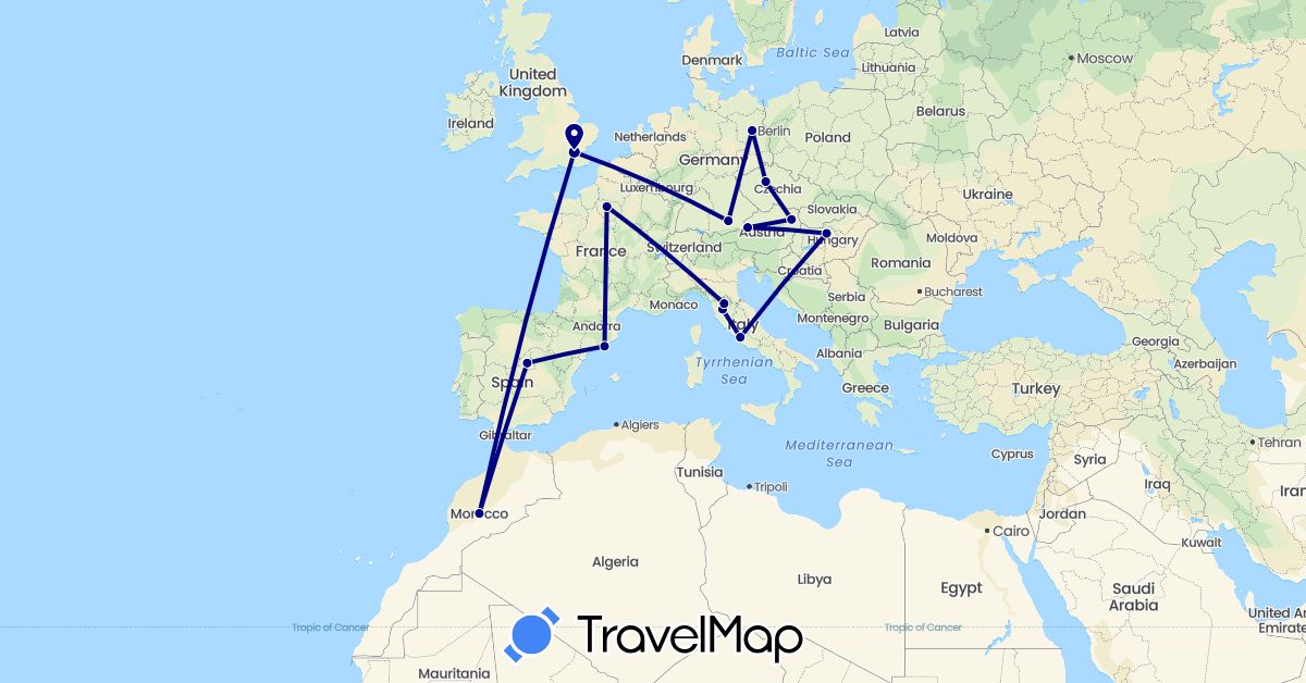TravelMap itinerary: driving in Austria, Czech Republic, Germany, Spain, France, United Kingdom, Hungary, Italy, Morocco (Africa, Europe)
